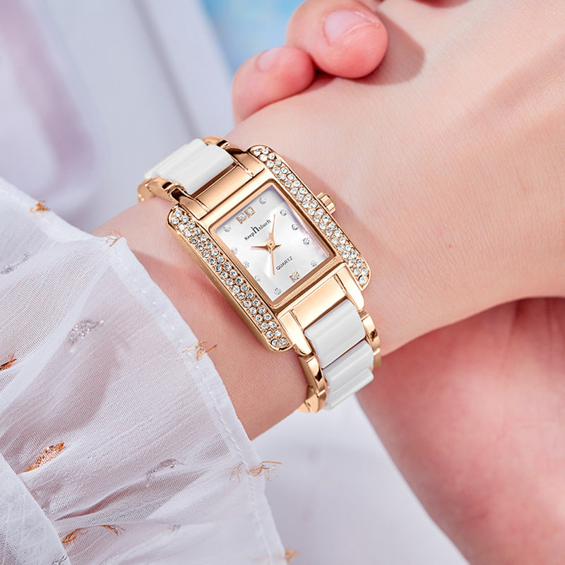 New Womens High End Quartz Square Watch With Ceramic Look And Diamond Accents Fashionpy
