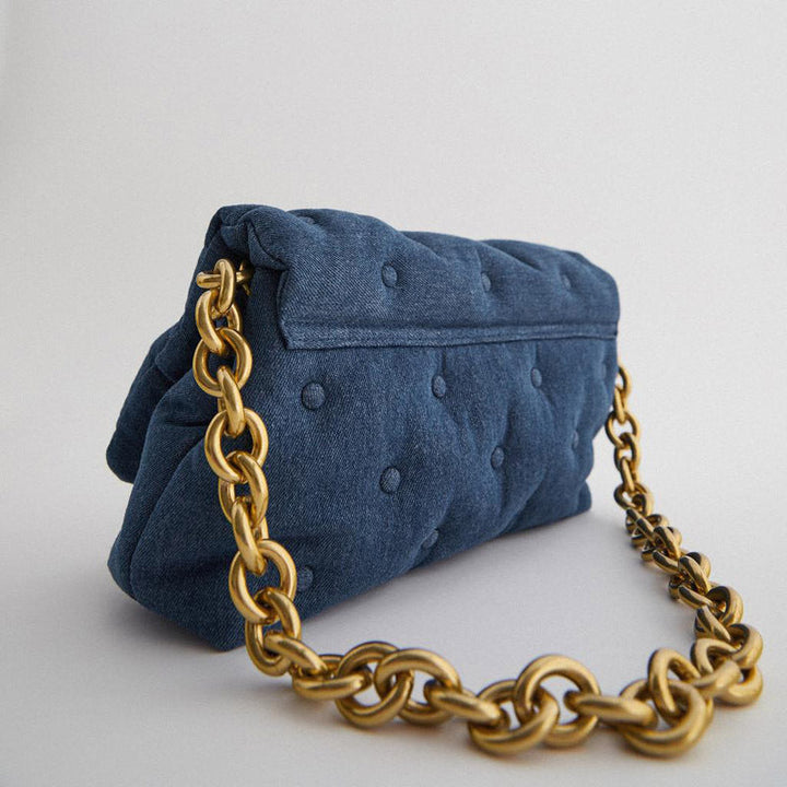 Blue oversized denim quilted shoulder bag Fashionpy