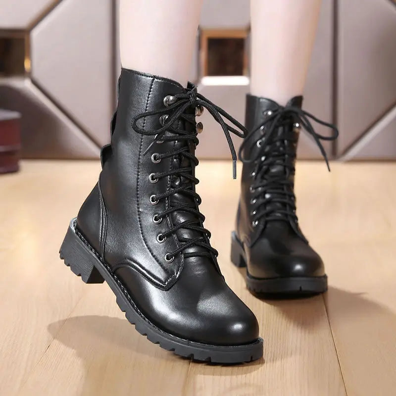 British Martin Boots for Women – Leather Motorcycle Military Boots with Thick Heel Fashionpy