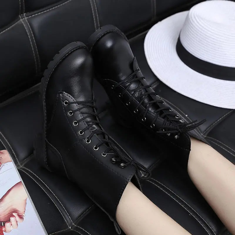 British Martin Boots for Women – Leather Motorcycle Military Boots with Thick Heel Fashionpy
