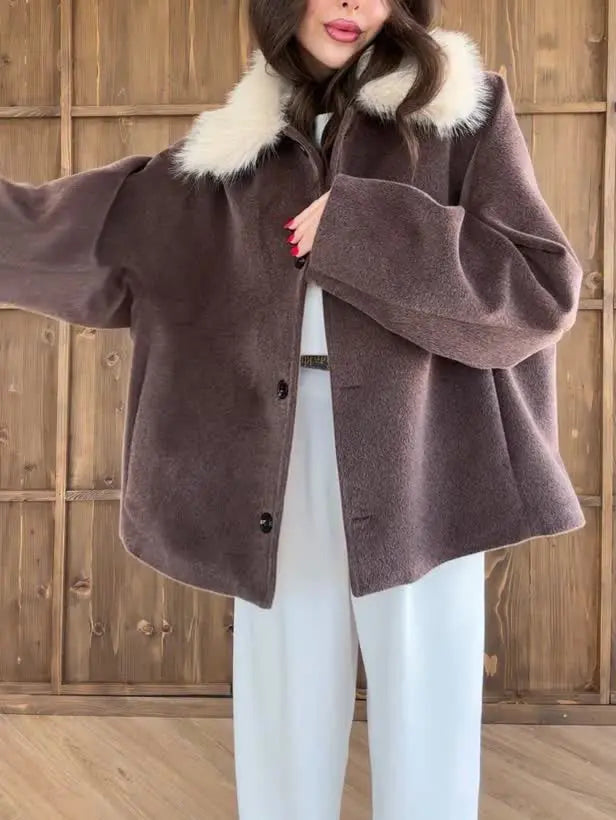 Brown Oversized Coat With White Faux Fur Collar Fashionpy