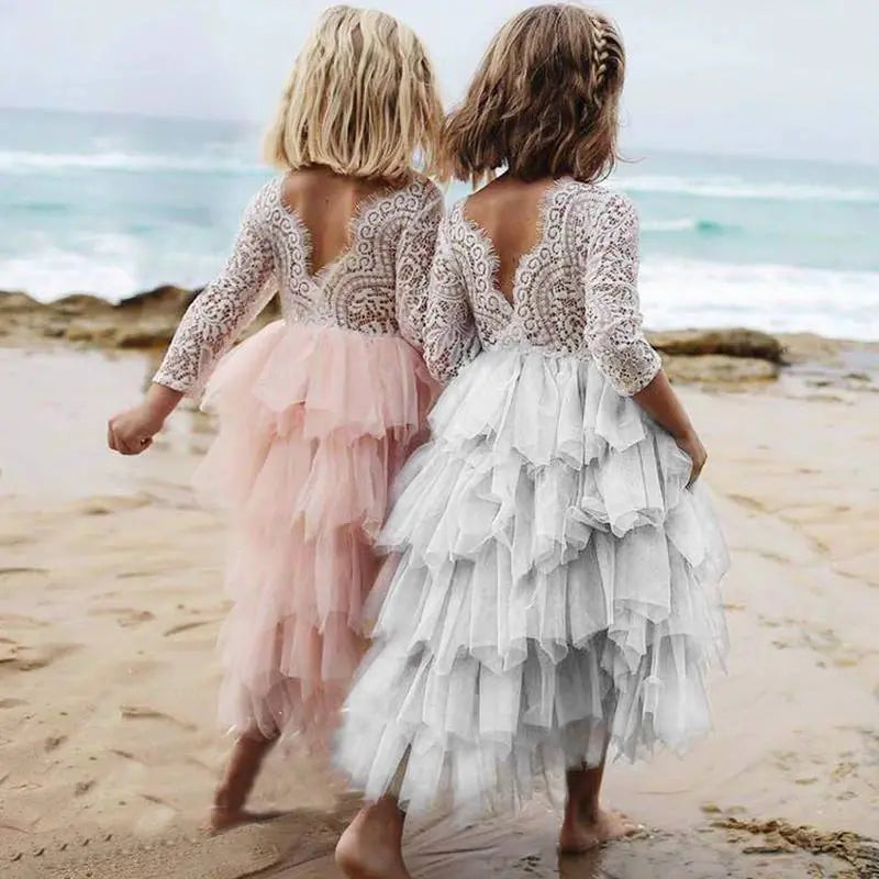 Autumn And Winter Explosions Hollow Children's Skirt Lace Long-sleeved Girls White Princess Dress Irregular Dress Fashionpy