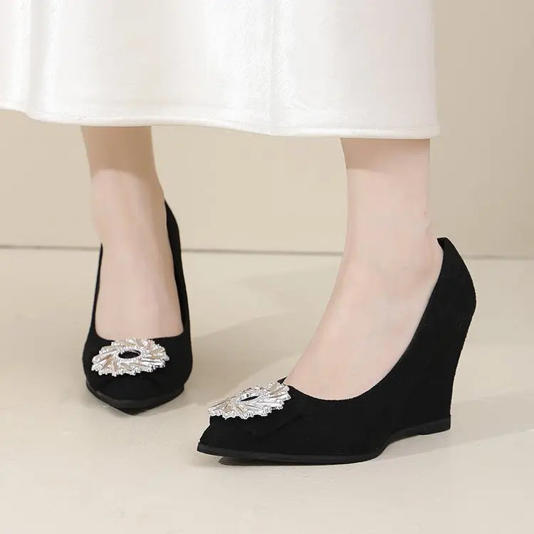 2026 New French Style Pointed Toe Pumps Women's Black Heels With Rhinestone Square Buckle, Slim Heel, Elegant Versatile Slip-On Shoes Fashionpy