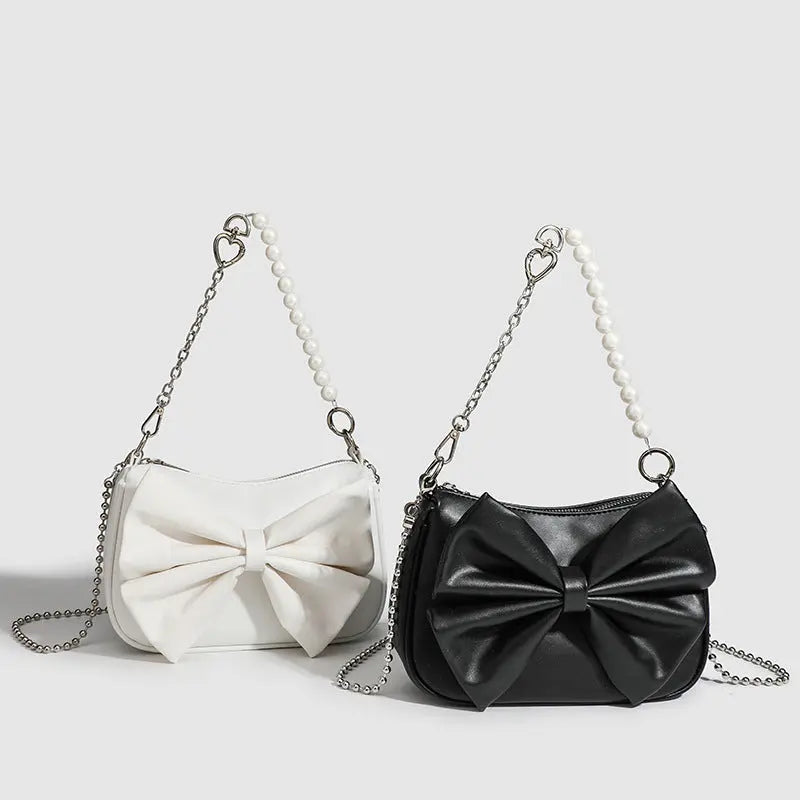 Black White PU Bow Handbags Autumn Winter Ladies Underarm Tote Bags Fashion Simple Pearl Chain Shoulder Bag Small Purse Fashionpy