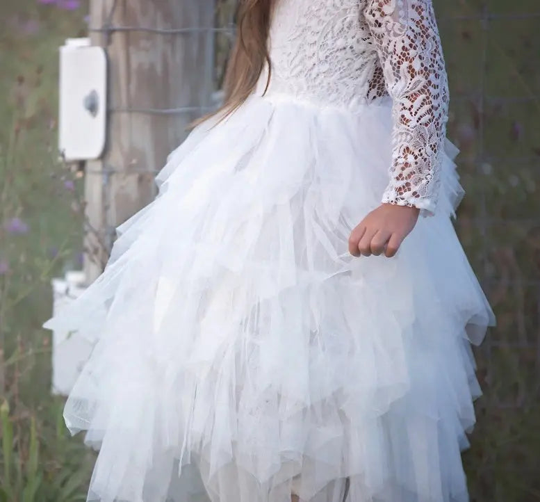 Autumn And Winter Explosions Hollow Children's Skirt Lace Long-sleeved Girls White Princess Dress Irregular Dress Fashionpy