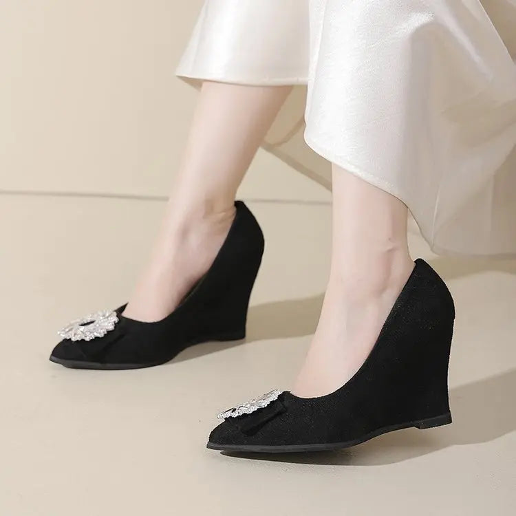 2026 New French Style Pointed Toe Pumps Women's Black Heels With Rhinestone Square Buckle, Slim Heel, Elegant Versatile Slip-On Shoes Fashionpy