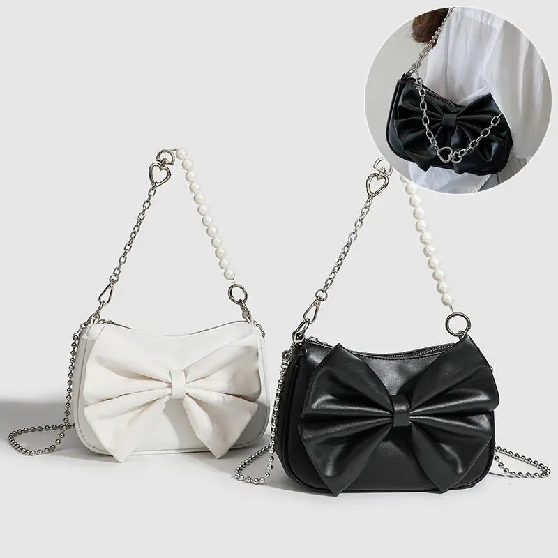 Black White PU Bow Handbags Autumn Winter Ladies Underarm Tote Bags Fashion Simple Pearl Chain Shoulder Bag Small Purse Fashionpy