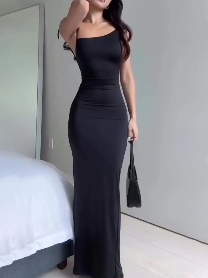 Black Slant Neck Backpack Maxi Dress Fashionpy