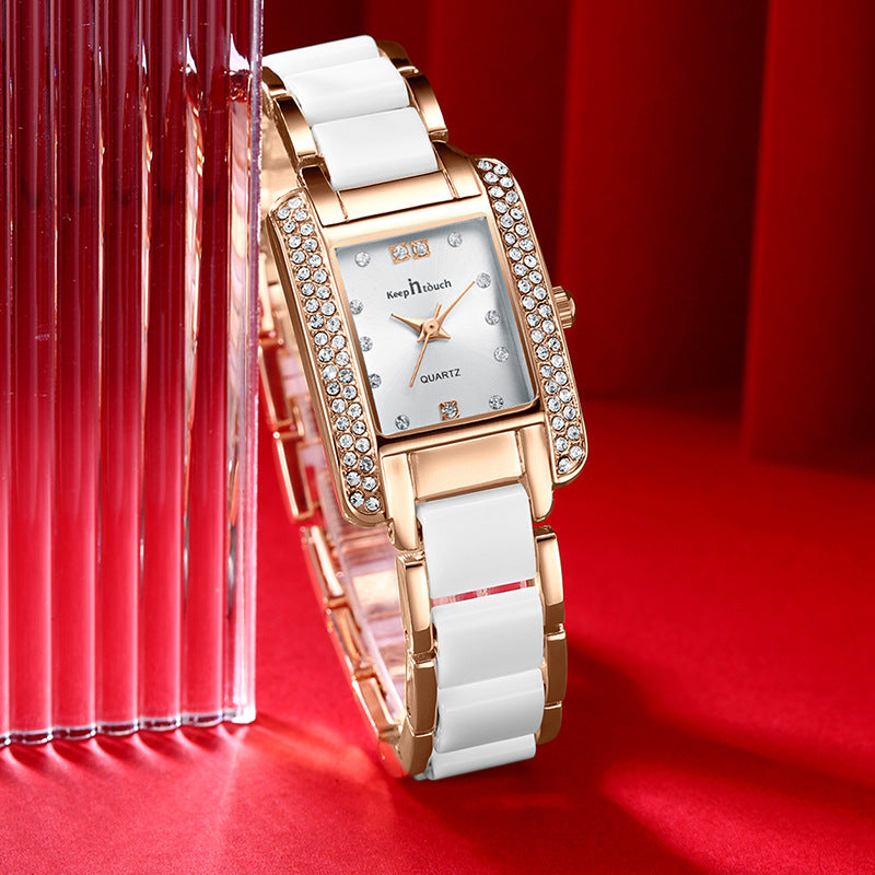 New Womens High End Quartz Square Watch With Ceramic Look And Diamond Accents Fashionpy