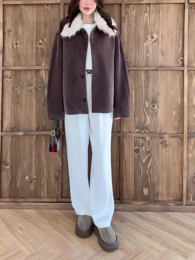Brown Oversized Coat With White Faux Fur Collar Fashionpy