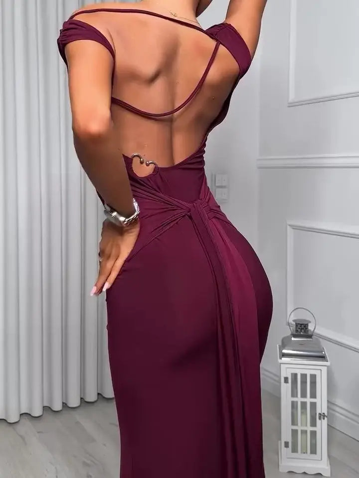 Burgundy Backless Strappy Maxi Dress Fashionpy